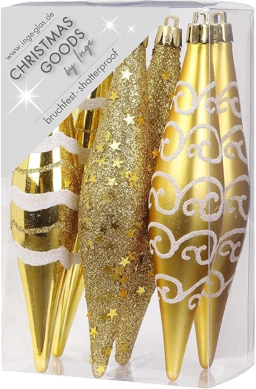 Besuche den Inge-glas-Store Inge-glas Christbaumschmuck Kunststoff 15cm 6 Stück Set Eiszapfen Weihnachtskugeln Gold — Weihnachtsdeko