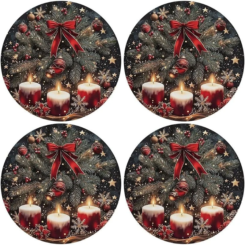 Marke: Ymxygz Weihnachtliche Platzsets Roten Kerzen Und Schleifen, 4er-Set, Rund, Abwaschbar, rutschfest, Leicht Zu Reinigen, Zuhause, Küche, Esstisch Und Restaurant. — Küche & Haushalt