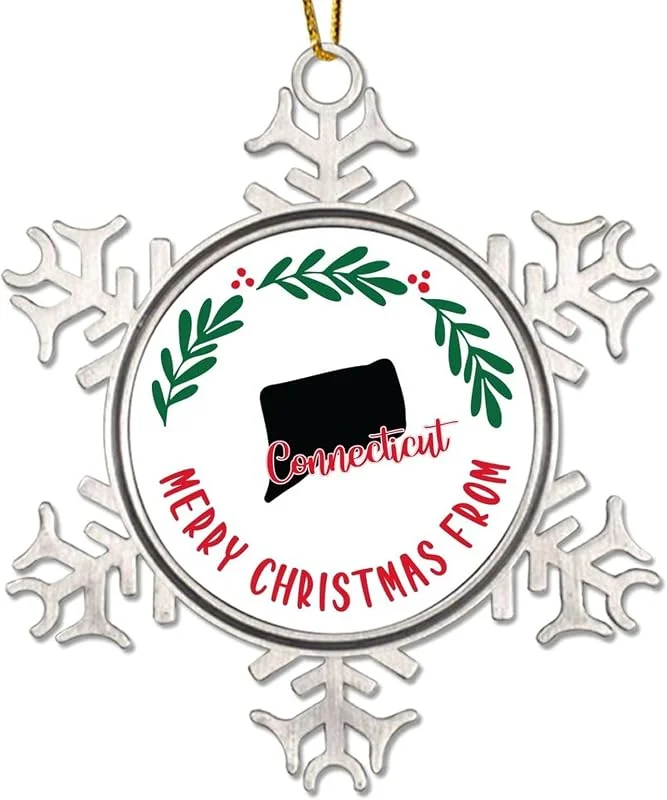 Marke: CowkissSign Merry Christmas From Connecticut Xmas Tree Ornament American State USA Staates Weihnachten Andenken Metall Schneeflocke Xmas Ornaments Connecticut Weihnachtskranz Weihnachtsdekoration