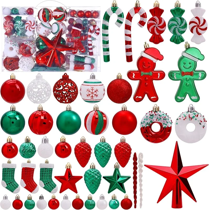 Marke: BSTDECOR 125-teiliges Weihnachtsbaumschmuck-Set, rot, grün, weiß, Weihnachtsschmuck, bruchsicher, Weihnachtsschmuck mit Sternaufsätzen, sortiert, dekorative hängende Kugeln für Weihnachtsbaum, Zuhause, Urlaub — Weihnachtsdeko