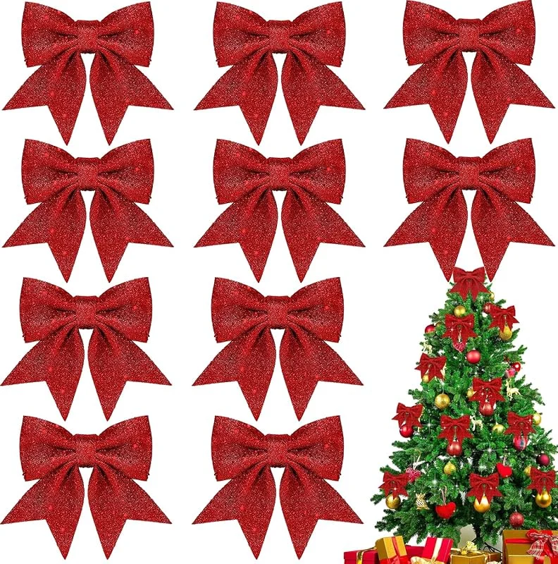 Marke: Tuluto 10 Stück Rote Schleifen Weihnachten, Christbaumschmuck Rot Geschenkschleife Glitzer Deko, Schleifen Weihnachtsbaum, Weihnachtsschleifen für Zuhause Hochzeit Weihnachtsfeier Deko(14x15cm) — Weihnachtsdeko