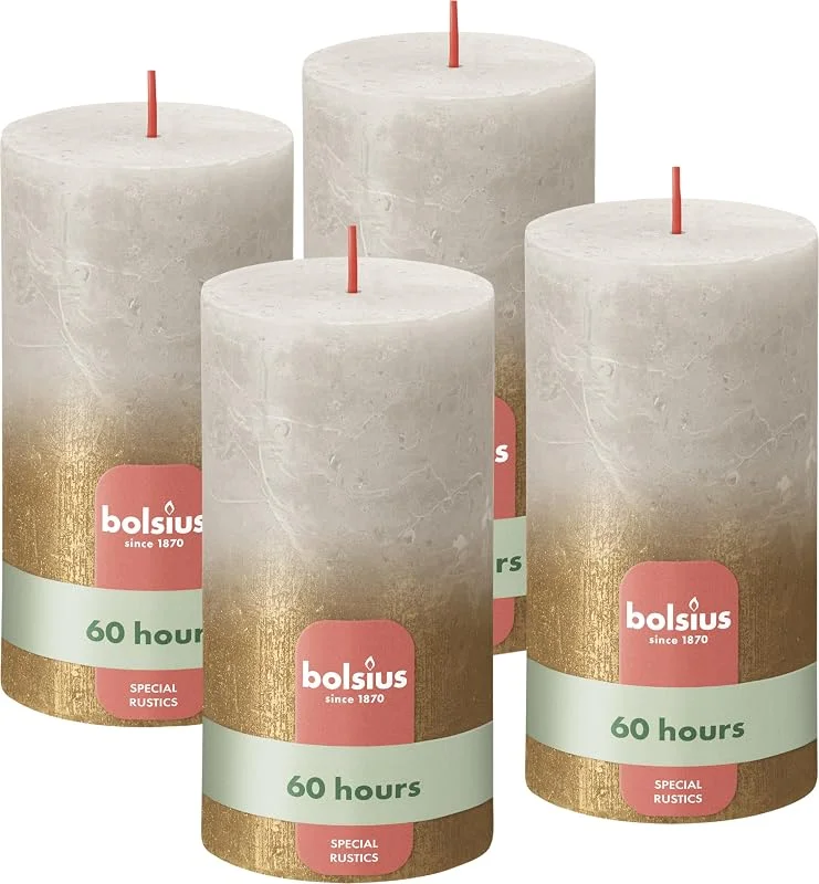 Besuche den bolsius-Store Bolsius Rustik Stumpenkerzen - Fading Metallic - Grau & Gold - 4 Pack - 13 x 7 cm - Lange Brenndauer - Haushaltskerze - Unparfümiert - Enthält Natürliches Pflanzenwachs - Ohne Palmöl — Advent und Tisch