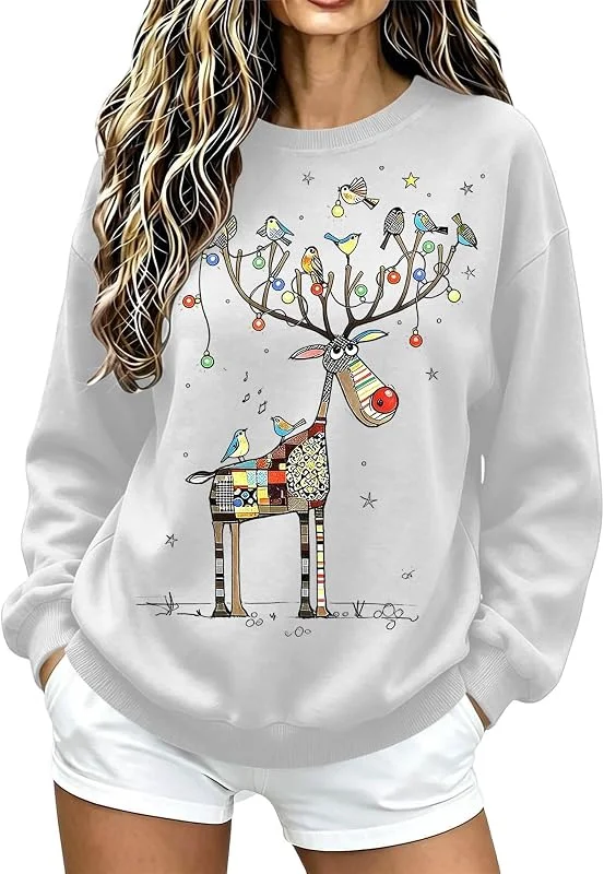 Marke: Wgtfot Weihnachtspullover Damen Lustige Elch Druck Pullover Modisch Weihnachten Sweatshirt Ugly Christmas Sweater Basic Rundhals Langarmshirt Locker Lässige Weihnachtspulli Teenager Mädchen Weihnachtsshirt — Weihnachtsmode