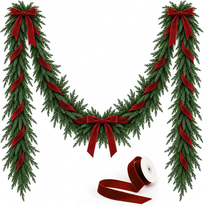 Marke: Xuniea Xuniea Norfolk Tannengirlande Künstlich mit Bordeaux Samtband, 10 m — Weihnachtsdeko
