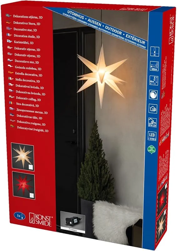 Besuche den Konstsmide-Store Konstsmide Weißer 3-D Kunststoffstern, inkl. Leuchtmittel, außen, 1 warm weiße Diode, E-Trafo 12V, 12W Dimmer (IP44), 3W, schwarzes Kabel - 5970-200 — Weihnachtsbeleuchtung
