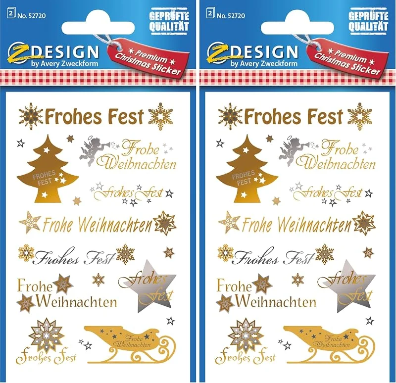 Besuche den AVERY Zweckform-Store AVERY Zweckform 20 Aufkleber Weihnachten Schriftzüge gold, silber (Made in Germany, Weihnachtssticker Goldeffekt, selbstklebende Weihnachtsdeko Karten, Geschenke, Tüten) 2 Bogen, je 10 Sticker, 52720 — Geschenkverpackung