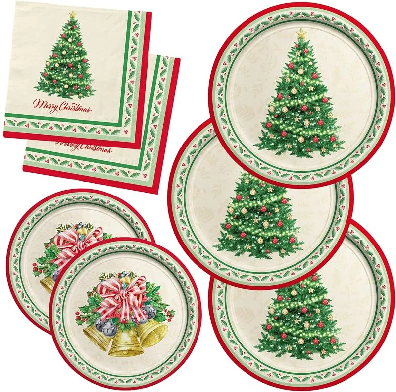 Marke: Gatherfun Weihnachtsparty-Zubehör-Set, 50 Stück, Weihnachtsbaum-Einweggeschirr beinhaltet: Pappteller, Dessertteller und Servietten, ideal für Merry Christmas Party-Dekorationen — Advent und Tisch