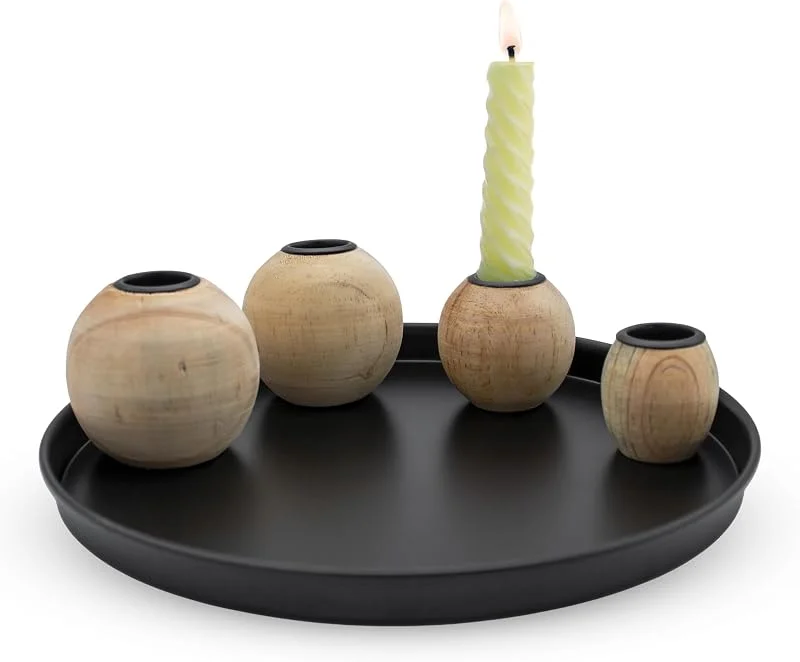 Besuche den Spetebo-Store Magnet Kerzentablett rund schwarz mit 4 Holz Halter für Stabkerzen - 23 cm - Metall Kerzenständer mit 4 magnetischen Holzkugel Kerzenhalter Kerzentablett Adventskranz Kerzenständer — Advent und Tisch