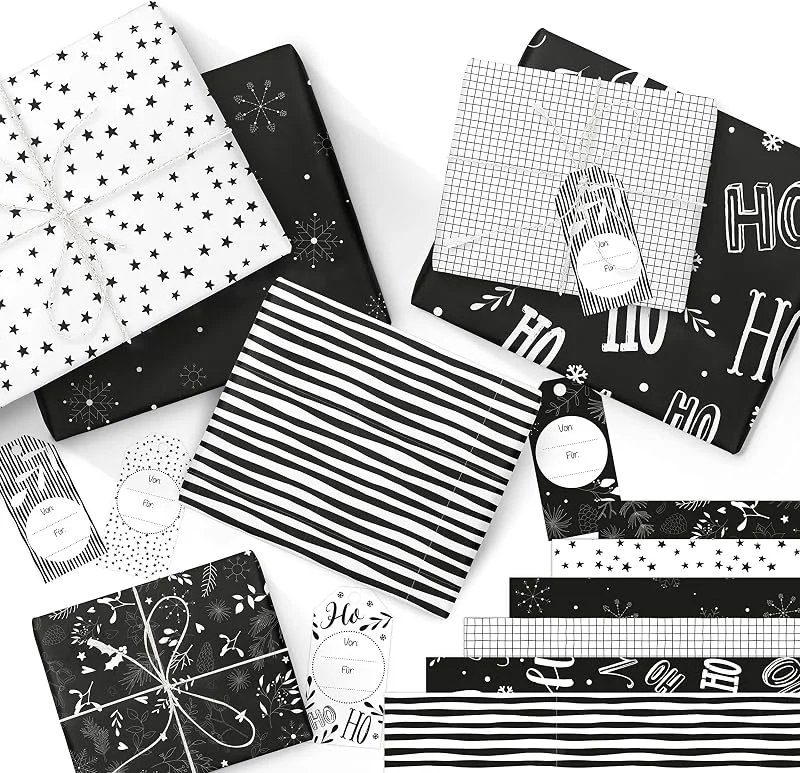 Besuche den Papierdrachen-Store Papierdrachen 6 Bögen Geschenkpapier Schwarz-Weiß — Geschenkverpackung