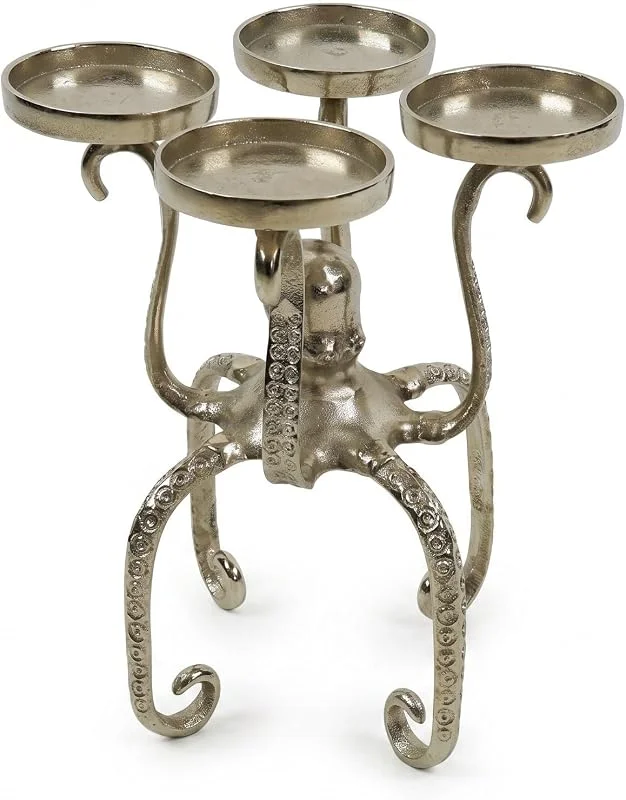 Besuche den Fachhandel Plus-Store Octopus Kerzenleuchter Aluminium Silber, 4-Fach Kerzenhalter als Maritime Tischdeko für Sideboard Esstisch und Wohnzimmer, ca. 23, 5 x 23, 5 x 34 cm — Kerzenlicht Abendessen