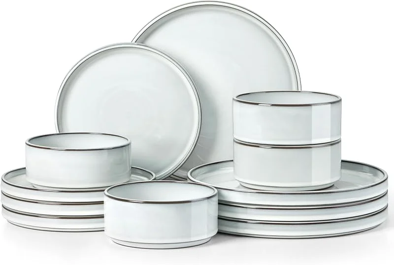 Besuche den Herogo-Store Herogo 12-teiliges Steingut-Geschirr-Set für 4 Personen, Keramik-Geschirr-Sets für Zuhause, Küche, Teller und Schüsseln mit rustikalem Terrakotta-Boden, spülmaschinen- und mikrowellengeeignet, Eisweiß — Advent und Tisch