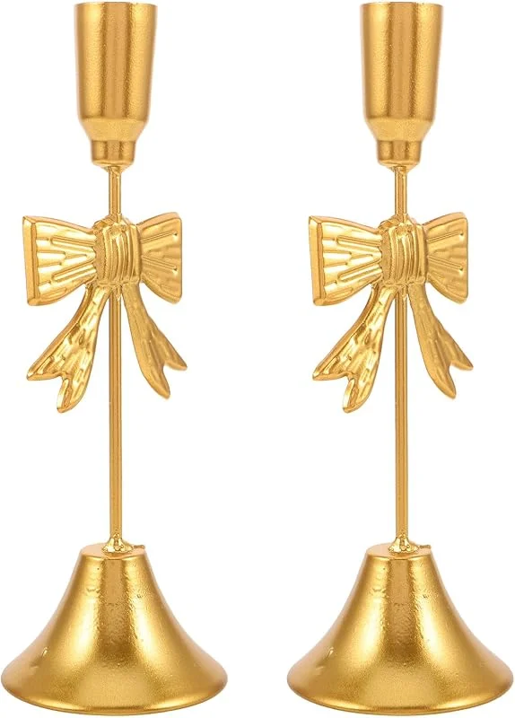 Marke: BESTOYARD BESTOYARD Vintage Kerzenständer aus Eisen, 2 Stück, goldene Schleifen Dekoration für Festliche Tische, Kamin und Weihnachtsfeiern — Kerzenlicht Abendessen