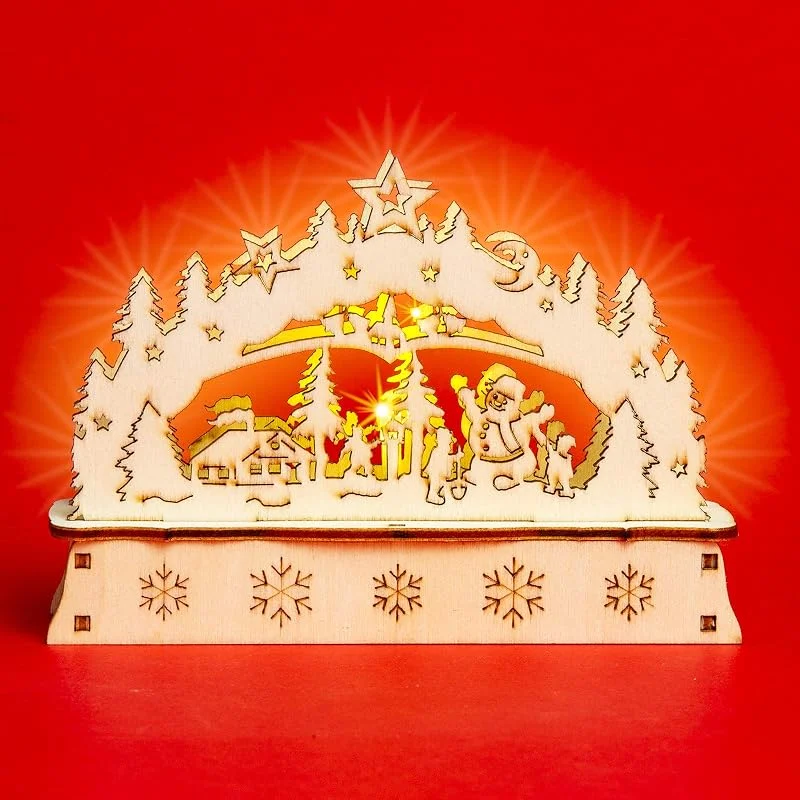 Besuche den SIKORA-Store SIKORA LB-MINI Mini Schwibbogen aus Holz mit LED Beleuchtung - Farbe:Motiv Winterdorf mit Schneemann — Weihnachtsdeko