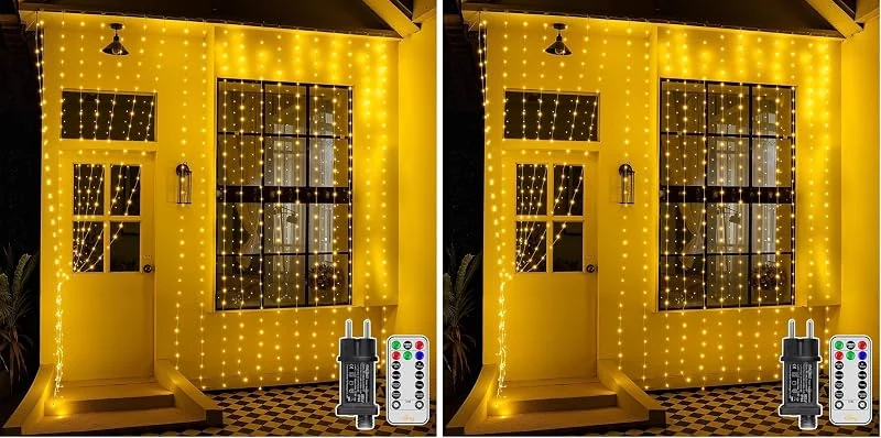 Besuche den Ollny-Store Ollny 3x3m 300 LED Lichtervorhang aussen mit Stecker 8 Modi Timer Dimmbar (Packung mit 2) — Weihnachtsbeleuchtung