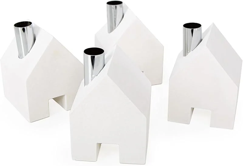 Besuche den Logbuch-Verlag-Store Logbuch-Verlag 4 Massive Häuser Kerzenhalter Geschenk Geburtstag Sommer Frühling Deko weiß Silber modern 9 x 9 x 12 cm — Kerzenlicht Abendessen