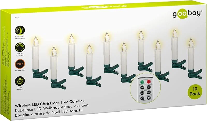Besuche den goobay-Store Goobay 49873 Kabellose LED Weihnachtsbaumkerzen mit Timerfunktion, LED Kerzen mit Fernbedienung, Flackernde Flamme Christbaumkerzen, Elektrische Kerzen, Baumkerzen 10er Set, Weiß — Weihnachtsbeleuchtung