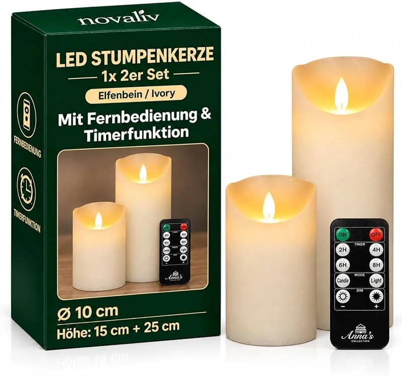 Besuche den Novaliv-Store Novaliv 2x Große LED Stumpenkerze Elfenbein Ivory ø 10cm x 15cm & ø 10cm x 25cm Höhe - je 2 C Batterien nötig LED Kerze mit Flackereffekt und Timer - LED Kerze groß Weihnachtsbeleuchtung flammenlos — Advent und Tisch