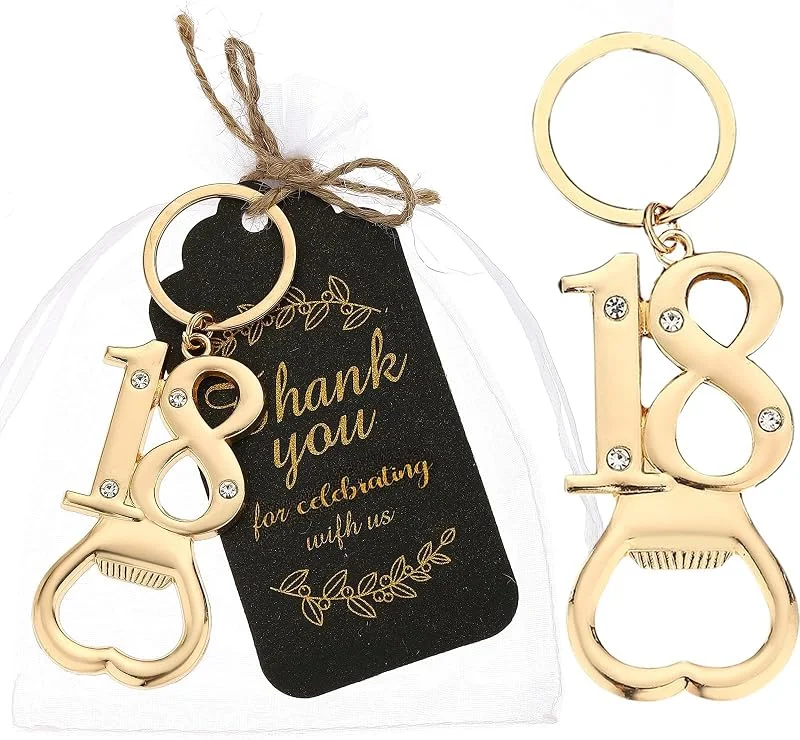 Marke: Uezea 25 Stück Partygeschenke zum 18. Geburtstag, Flaschenöffner, Schlüsselanhänger, Großpackung, Gold, 18 Souvenirs, Geschenk-Set mit Organza-Beuteln, Anhänger für Gäste (18. Öffner) — Wein und Festtafel