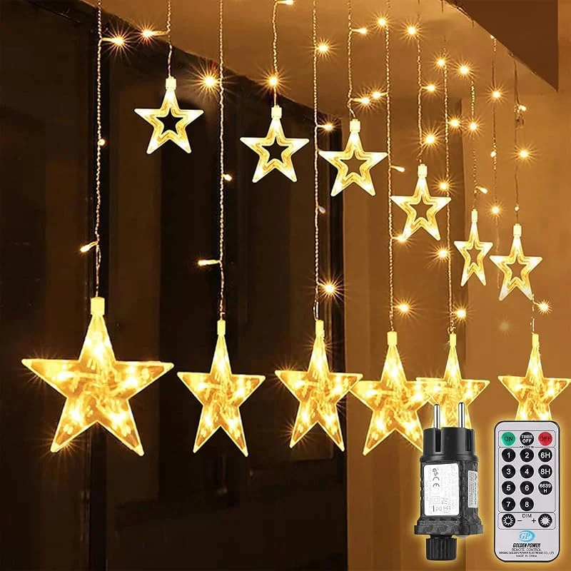 Besuche den SALCAR-Store SALCAR 108er LED Lichtervorhang Sterne, 2x1M 12er Sternen Lichterkette Innen Außen Fenster, Weihnachtslichter Sternenvorhang mit 8 Modi, Fernbedienung und Memory-Funktion, Warmweiß — Kerzenlicht Abendessen