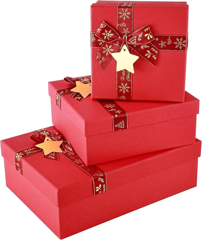 Marke: TIKONT Weihnachts-Geschenkboxen für Geschenke mit Deckel – Set mit 3 luxuriösen roten starren Weihnachts-Geschenkboxen (klein, mittel, groß) – aus 400 g, m² dickem Karton – Premium-Weihnachtsverpackungsboxen — Geschenkverpackung