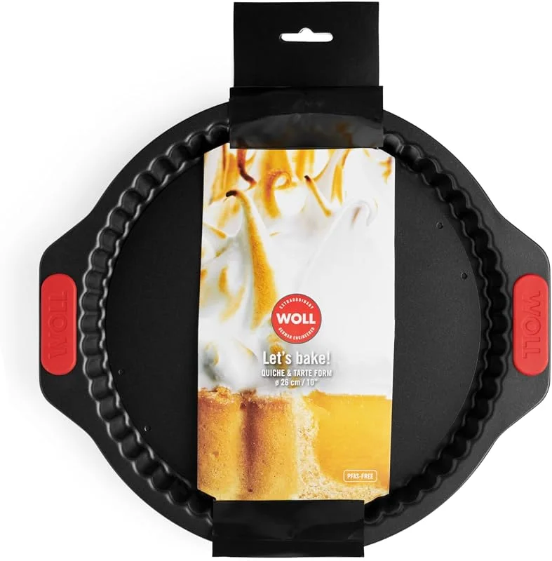 Woll Bakeware Quiche- und Tarteform Ø 26 cm, mit herausnehmbarem Boden und hitzebeständigen Silikongriffen bis 230°C, PFAS-frei, zweilagige Antihaftbeschichtung, aluminisierter Stahl, schwarz — Weihnachtskueche