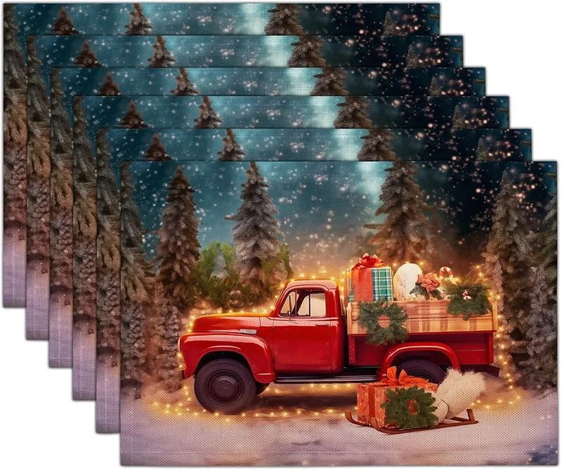 Marke: GDJSMIN Eine Warme Weihnachtsnachtszene Platzsets 2er Set, 30x45cm Rote Lastwagen Und Kiefernelemente Tischsets Schmutzabweisend Hitzebeständig Platzdeckchen Küche Deko — Küche & Haushalt