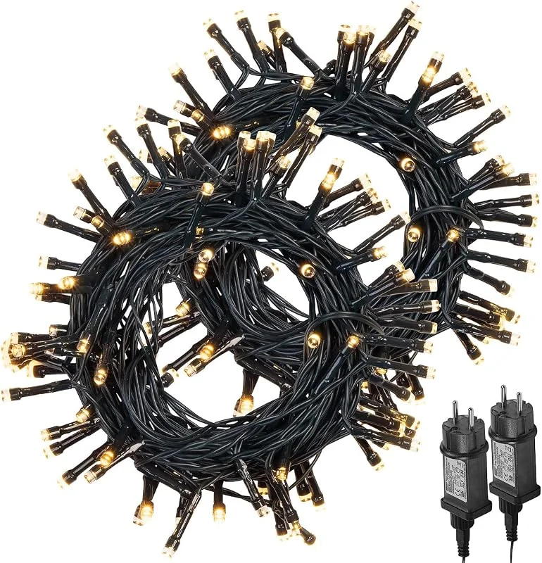 Besuche den Lunartec-Store Lunartec Weihnachtslichterkette: 2er-Set LED-Lichterketten mit 100 LEDs, Timer, Batterie, warmweiß, 10m (Lichterkette Outdoor Batterie, Lichterkette batteriebetrieben) — Weihnachtsbeleuchtung