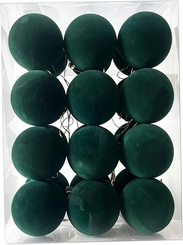 Marke: Faticenic 24-teiliges Weihnachtsbaumschmuck-Set, Vintage-Weihnachtsbaumschmuck, beflockte Samtkugeln für die Weihnachtsdekoration im Innenbereich, dunkelgrün, 2, 36 Zoll