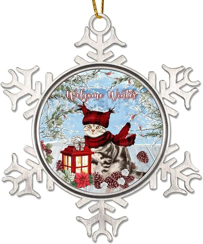 Marke: CowkissSign Weihnachtskatzen Willkommen Winter Neuheit Metall Schneeflocke Ornamente Weihnachtsgeschenk Winter Blume Schnee Szene Weihnachtskranz Weihnachtsbaum Ornamente 7, 6 cm Weihnachtsdekoration Geschenk
