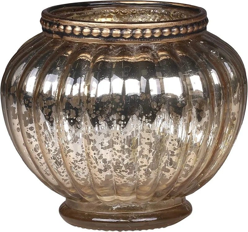 Marke: Chic Antique Chic Antique Teelichthalter m.Perlenrand Metalldekor versch.Größen Antique Champagner Antique Latte Glas Windlicht (71562-18 Ø 9 x 9, 5 cm) — Kerzenlicht Abendessen