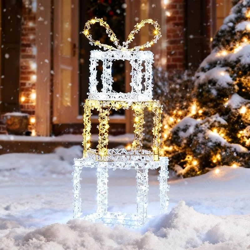 Besuche den COSTWAY-Store COSTWAY 90 cm große LED Geschenkboxen, 3 stapelbare Weihnacht Dekoboxen mit 80 warmweißen & 120 kaltweißen Lichtern, beleuchtete Weihnachtsdeko, Weihnachtsbeleuchtung für außen, innen — Geschenkverpackung