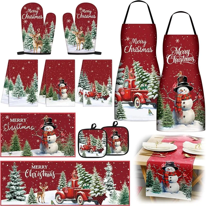 Marke: Bonuci Bonuci 12 Stück Weihnachts-Küchendekoration, Tischläufer, Küchenschürzen, Geschirrtücher, Teppiche, Ofenhandschuhe und Topflappen, Weihnachten, Bauernhaus-Backset für Zuhause, Weihnachten, Frauen — Küche & Haushalt