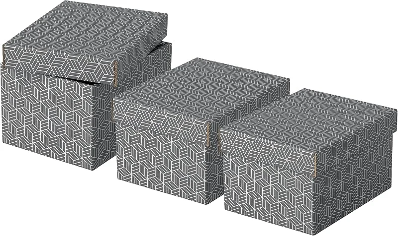 Besuche den Esselte-Store Esselte 3er Set kleine Aufbewahrungs- & Geschenkboxen mit Deckel, Schachteln für Wohnung, Büro & Geschenkverpackung, 100% recycelter Karton, 100% recycelbar, geometrische Designs, Grau, 628281