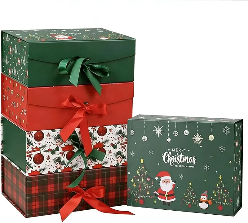 Marke: Dimore Dimore Magnetische Weihnachtsgeschenkboxen mit Deckel, faltbare Hartfaserplatten-Geschenkverpackung, rote und grüne Weihnachtsboxen für Geschenke, 4 Stück (mehrere Größen) (4 Stück Weihnachten 29, 2 x