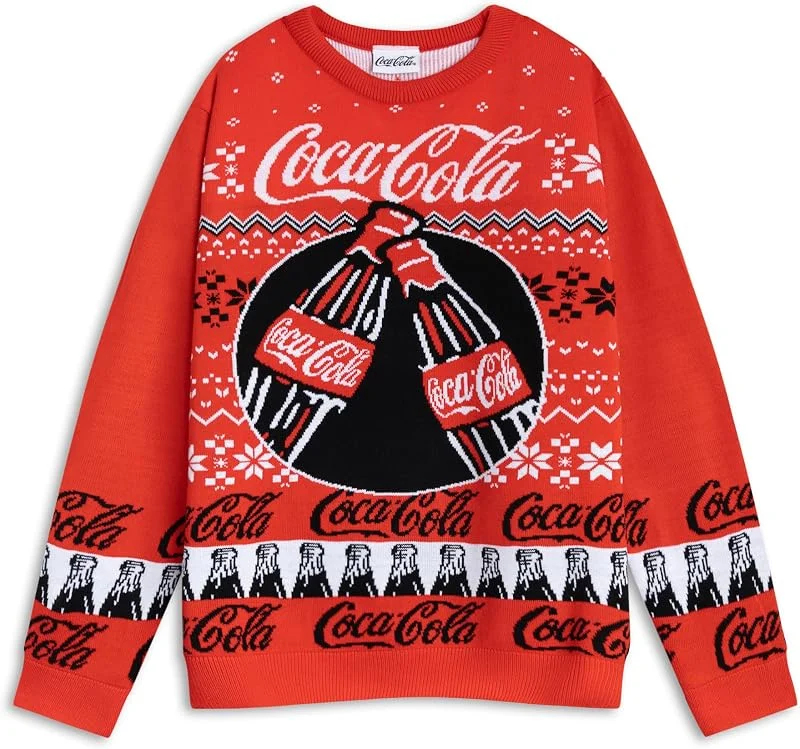 Besuche den Coca-Cola-Store Coca-Cola Roter Weihnachtspullover mit Fair-Isle-Logo für Herren, Langärmliger Rundhalsausschnitt für Feiertage, Festliche Kleidung für Weihnachten Merchandise — Weihnachtsmode