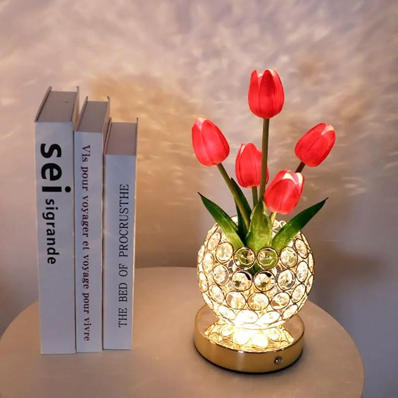Marke: shulovehua Rote Tulpen Nachtlicht LED-Schreibtischlampe mit USB wiederaufladbarer 3-Mode Touch Control Romantische Dekor Beleuchtung für Schlafzimmer Restaurant Tisch Hotel Dekor ( Rote Tulpen 4.7 * 4.7 * 11in) — Kerzenlicht Abendessen