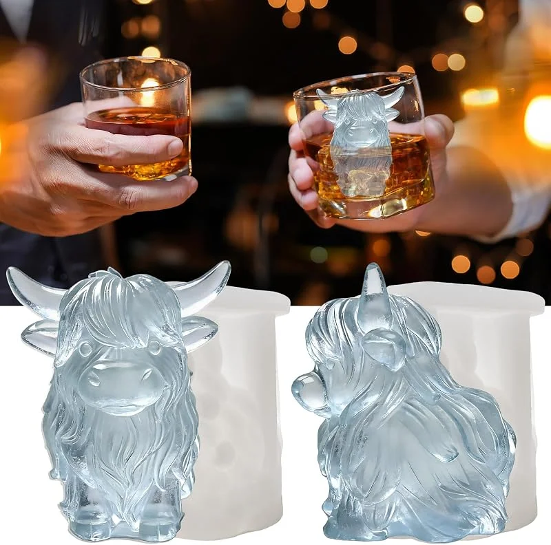 Marke: SIUPER 3D Highland Cow Ice Silicone Molds 2Pcs, Hochlandkuh Hochlandrind für Whiskey Saft, reichhaltige Details, lustige Tierform für DIY Taba Knete Seife Kerze Harz, Geschenk für Männer Kinder — Weihnachtskueche