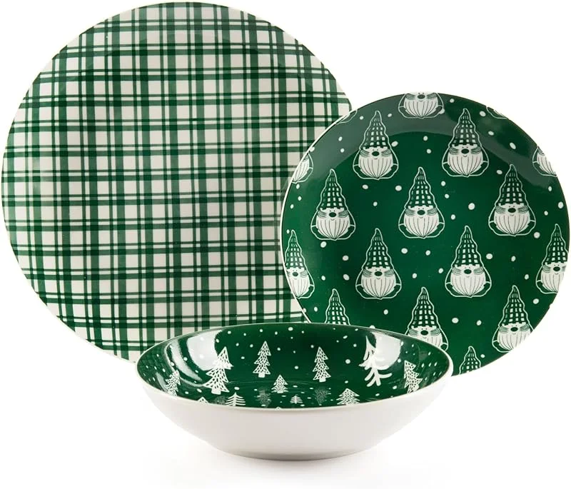 Besuche den Excelsa-Store Excelsa Green Winter Porzellanteller-Service, 18-teilig, Grün mit Weihnachtsmotiven, flache Teller 27 cm, Boden 20, 5 cm, Obst 20, 5 cm — Advent und Tisch