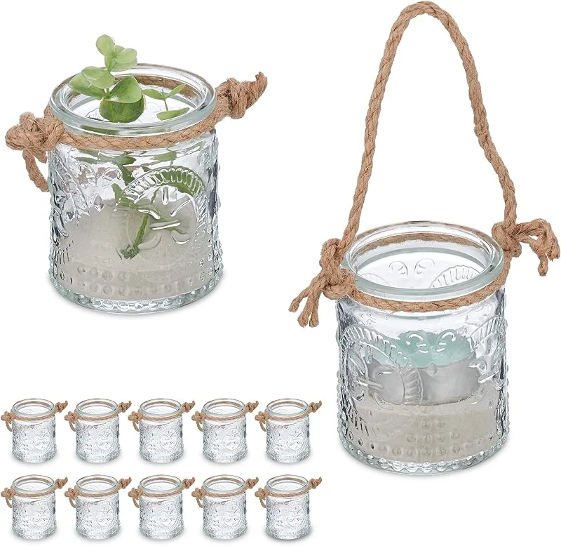 Besuche den Relaxdays-Store Relaxdays Windlicht, 12er Set, Glas mit Henkel, 7 x 6 cm, innen & außen, Hochzeit Teelichthalter, transparent, Natur — Kerzenlicht Abendessen
