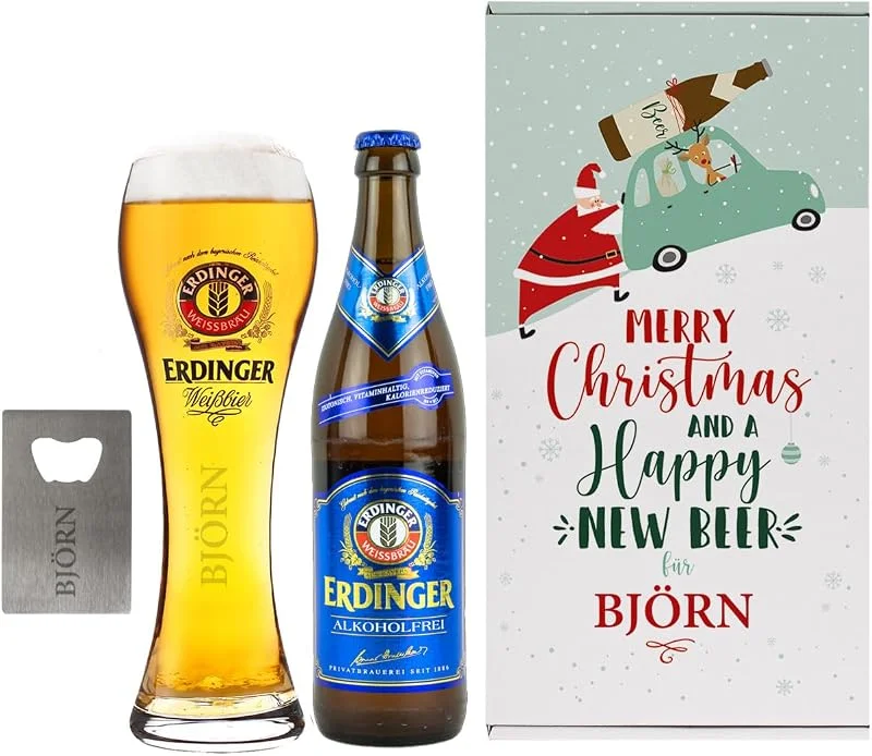 Besuche den Herz & Heim-Store Herz & Heim® Weißbier Geschenkset zu Weihnachten mit Glas, Flaschenöffner und Geschenkbox, personalisiert (Erdinger Weißbier alkoholfrei) — Geschenkverpackung