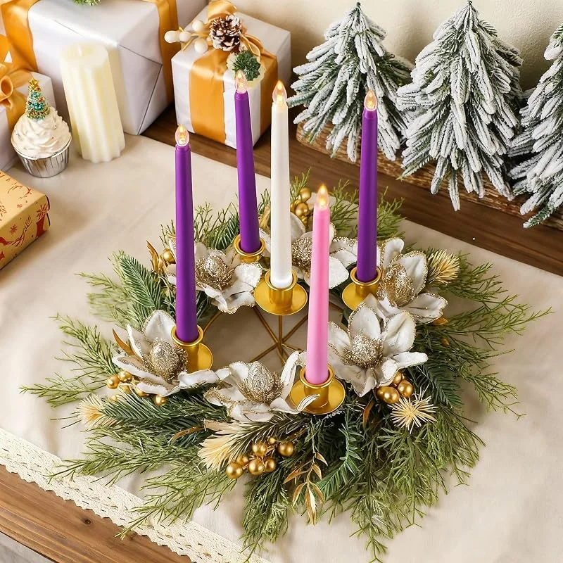 Marke: XunYee XunYee Adventskranz, 30, 5 cm, 5 Kerzenhalter-Set mit 5 flammenlosen Kerzen, Weihnachten, Adventskranz, Champagner, Blumenkranz, Ringe für Tisch, Tafelaufsatz, Kamin, Festival, Zuhause, Kirche — Kerzenlicht Abendessen
