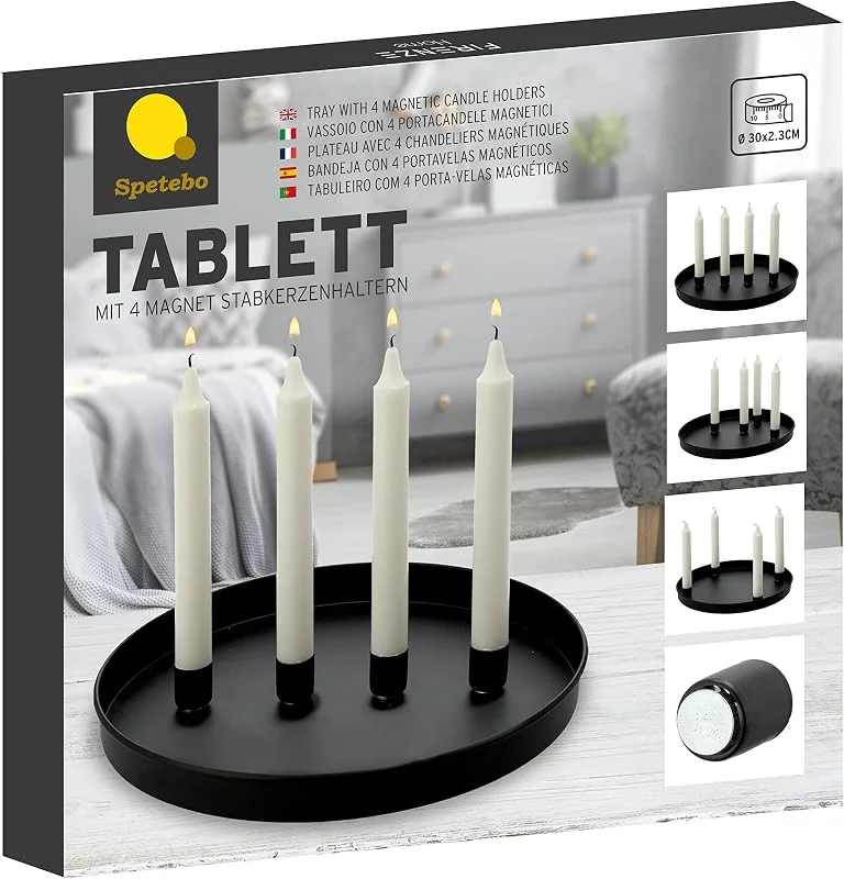 Besuche den Spetebo-Store Metall Kerzen Tablett Ø 30 cm mit 4 magnetischen Kerzenhaltern für Stabkerzen - Farbe: schwarz - Deko Tablett mit magnetischen Kerzenhaltern - Tafelkerzen Halter Magnet Kerzen Leuchter Ständer — Advent und Tisch