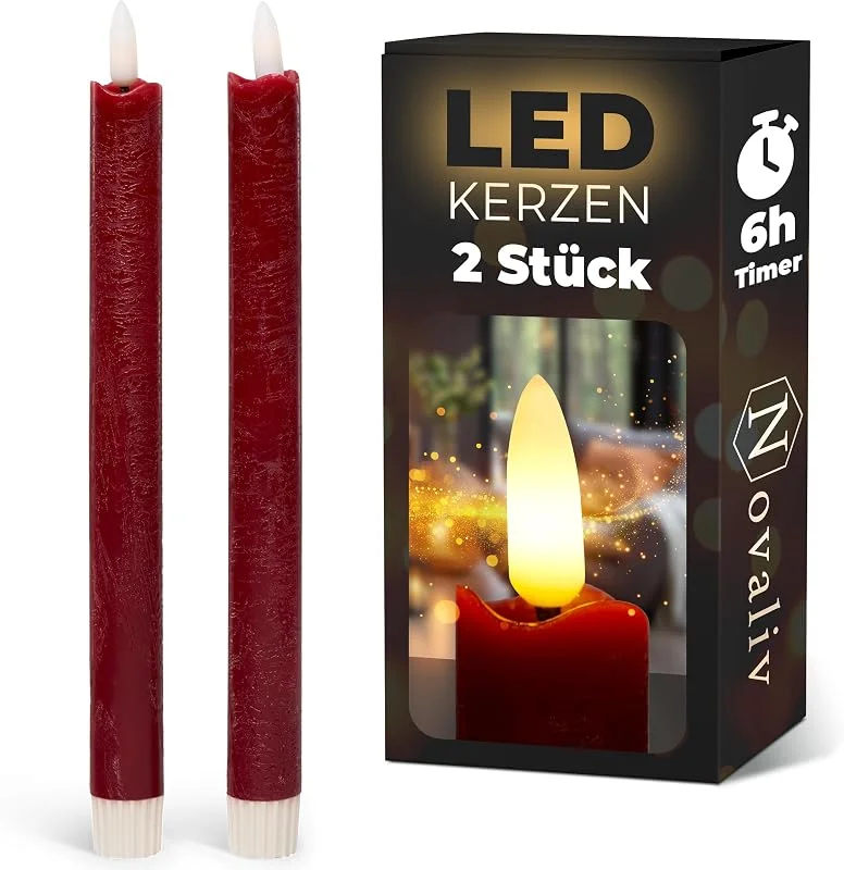 Besuche den Novaliv-Store Novaliv Stabkerzen LED mit Timer Rot 2er Indoor mit 6 Stunden Timer - ECHTWACHS 24cm Höhe für Kerzen 2, 2cm Durchmesser 2 AAA Batterien notwendig LED Stabkerzen flackernde Flamme bewegliche Flamme — Advent und Tisch