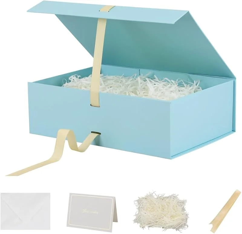 Marke: BoxSkivra Large Gift Boxes with Lids 5 Pack 13X9X4 Inch Large Blue Gift Box with Ribbon Christmas Gift Box Foldable Gift Boxes for Presents、Graduation、Birthdays，Shredded Paper Filler & Cards — Geschenkverpackung