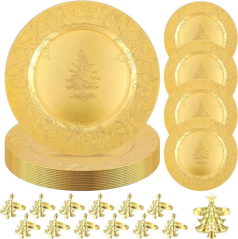 Marke: Sliner Sliner 24-teiliges weihnachtliches Platzteller-Set mit 12 runden 33 cm großen Kunststoff-Tellern und 12 Serviettenringen für Dinner-Party, Hochzeit, Catering, Event, Tischdekoration — Advent und Tisch