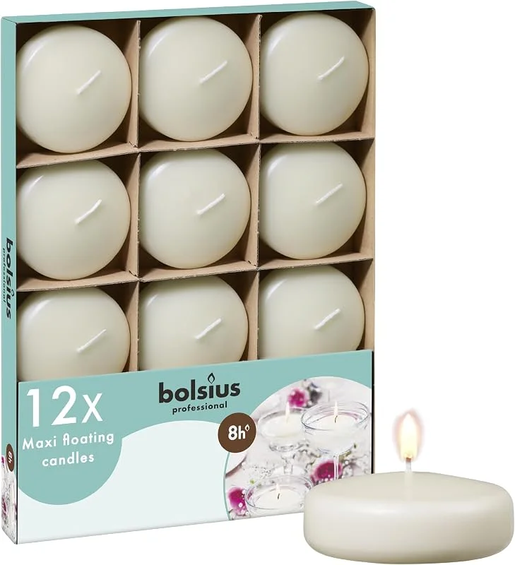 Besuche den bolsius-Store Bolsius - Maxi Schwimmkerzen - Elfenbein - 12 Stücke im Karton - Ø 7.7 cm - Brenndauer 8 Stunden - Duftfrei - Paraffinwachs - XL Schwimmkerze - perfekt für verschiedene Anlässe — Advent und Tisch