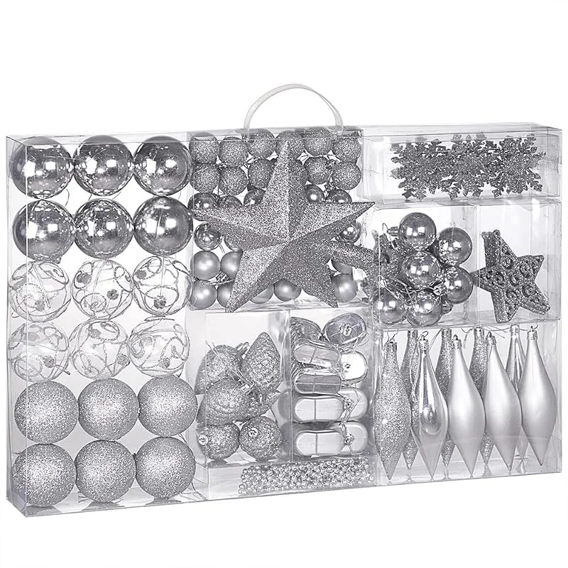Besuche den Deuba-Store DEUBA® Weihnachtskugeln Set 102-teilig Silber Ø 3–6 cm aus Kunststoff — Weihnachtsdeko
