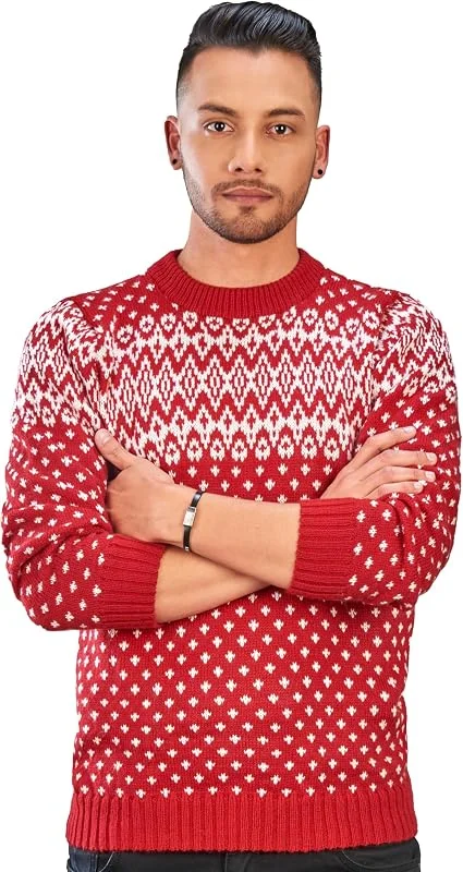 Besuche den INTI ALPACA-Store Weihnachtspullover für Herren in Rot und Weiß Alpaka Wolle - Rundhalspullover - Pullover Rot mit Fair Isle Muster — Weihnachtsmode