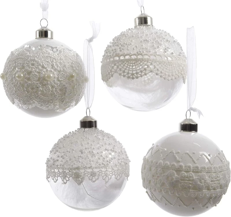 Marke: Christmas-Decorations Weihnachtskugeln Spitze Glas 8cm x 12 Stück gefüllt mit Federn Christbaumkugeln transparent weiß — Weihnachtsdeko