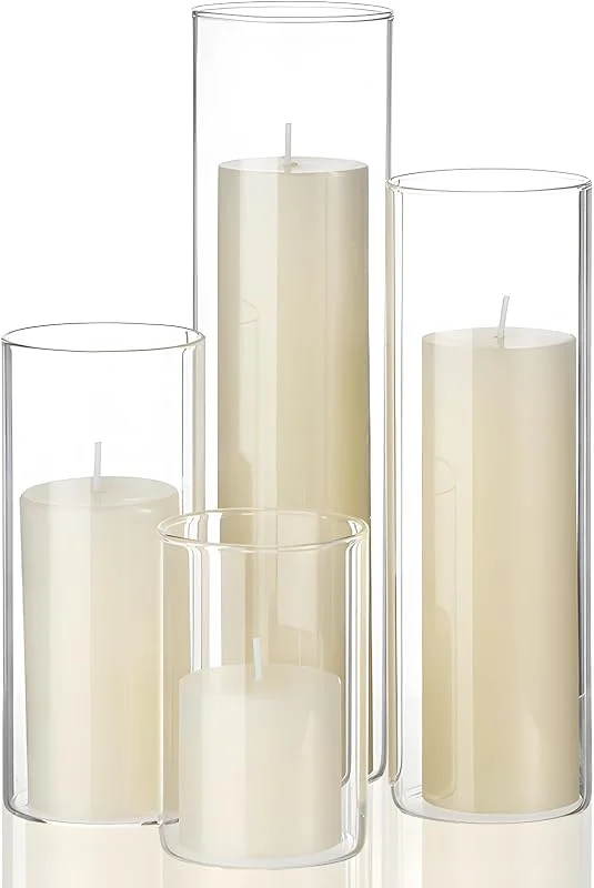 Marke: Shihanee Shihanee Set mit 4 elfenbeinfarbenen Stumpenkerzen, Glas, Zylindervasen — Kerzenlicht Abendessen